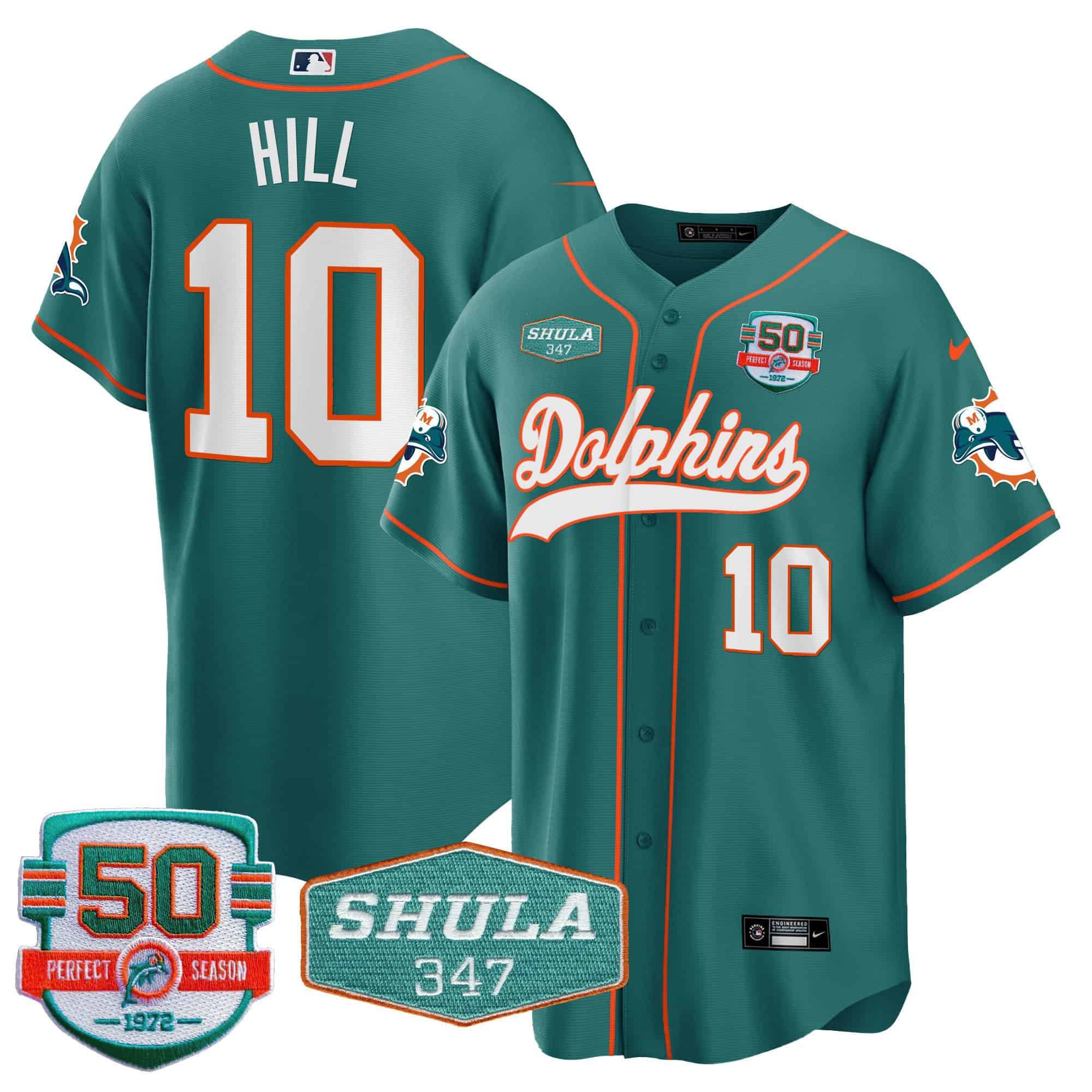 Men Miami Dolphins #10 Hill Green 2024 Nike 50th Don Shula Memorial Patch Baseball NFL Jersey style 1